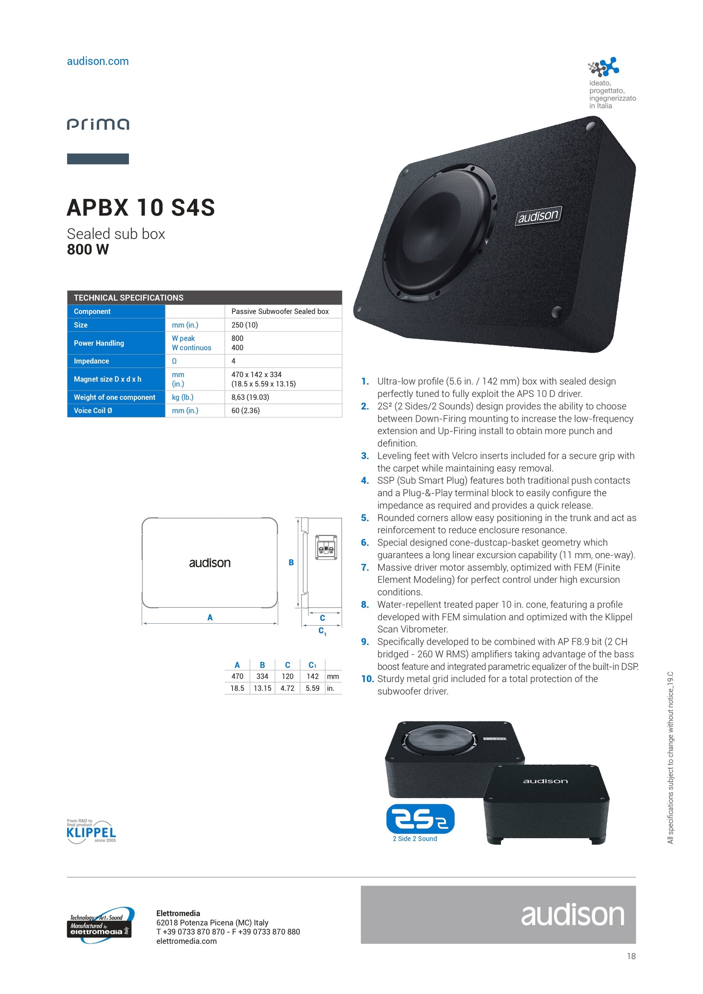 AUDISON APBX 10 S4S Subwoofer per Auto 25cm Max 800W 4 Ohm