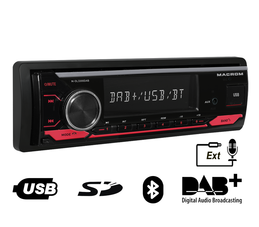Autoradio Macrom M-DL3300DAB 1DIN per Auto DAB+ Bluetooth Ingresso USB AUX 4x50W