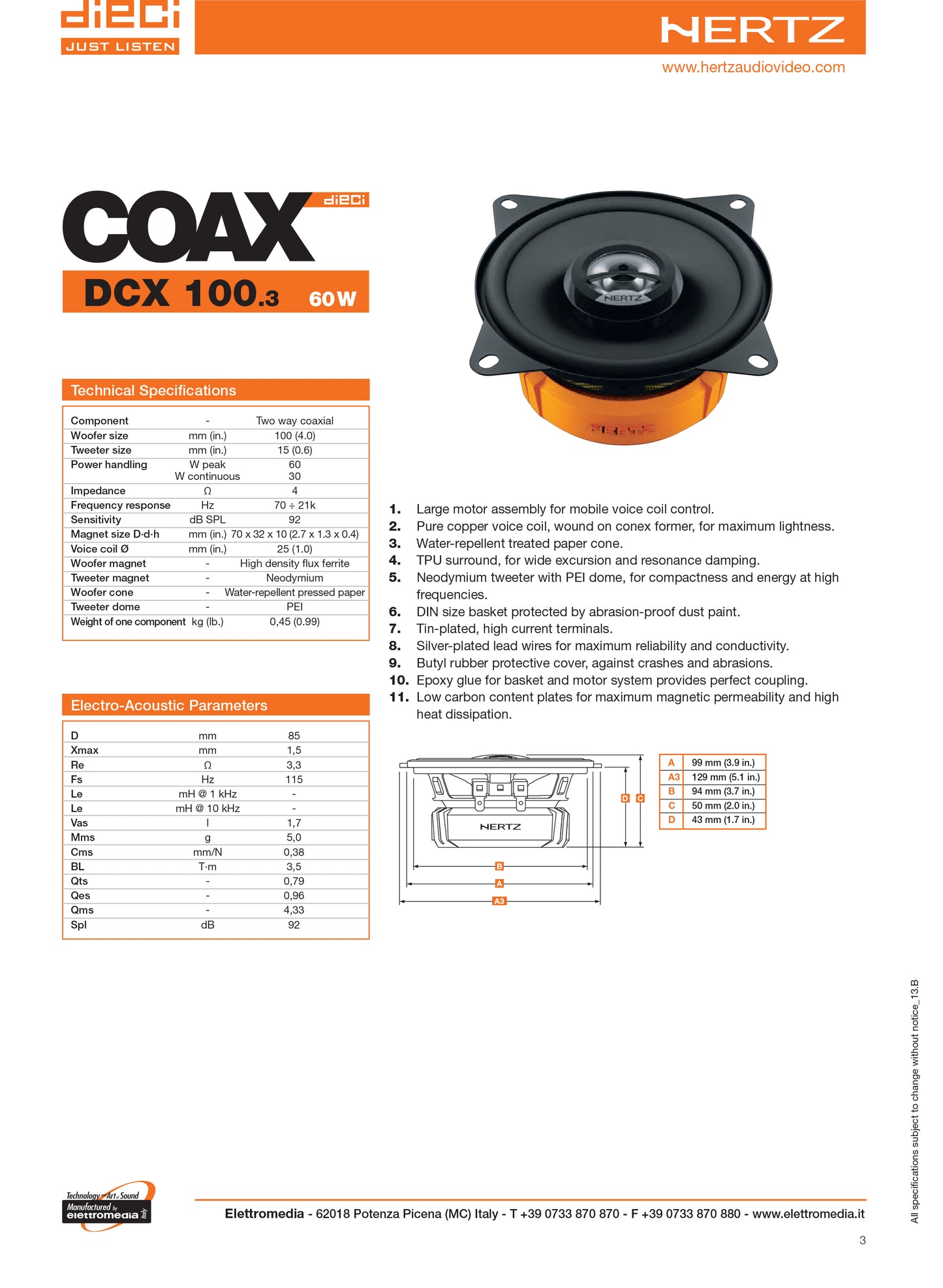 Casse Altoparlanti Hertz DCX 100.3 per Auto 10cm 60W Kit 2 Vie Coassiali