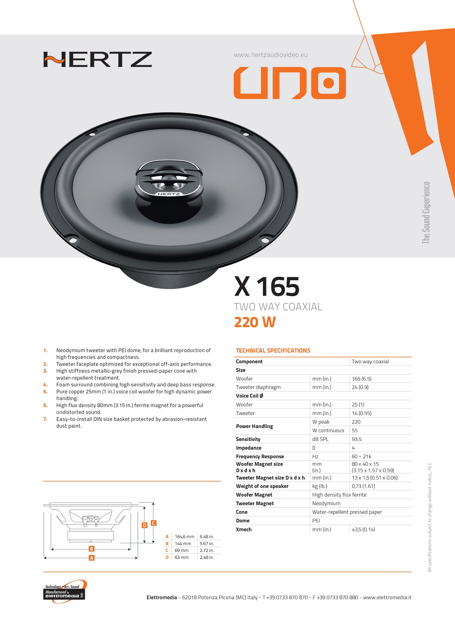 Casse Altoparlanti Hertz X165 per Auto 16,5cm 220W Kit 2 Vie Coassiali