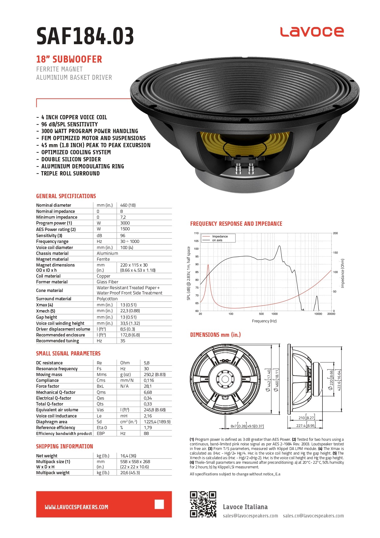 La Voce SAF 184.03 Subwoofer 18'' Professionale 3000W 8Ohm