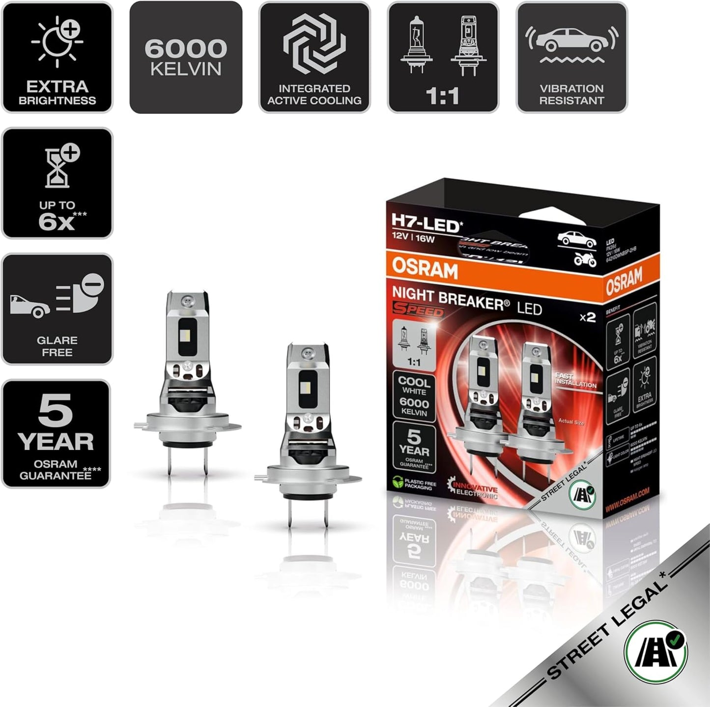 OSRAM Night Breaker H7 Lampade LED SPEED Omologate 6000K per Auto e Moto