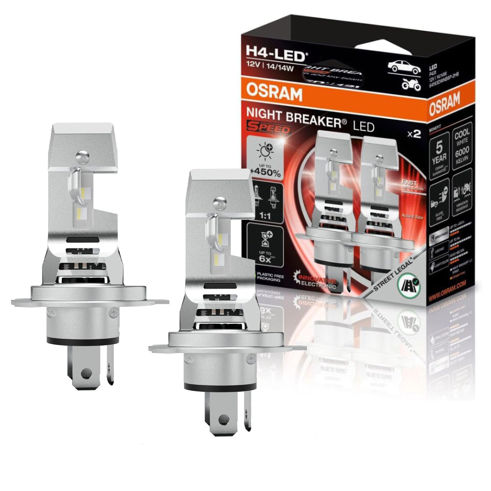 Lampade LED OSRAM Omologate per Auto e Moto H4 Night Breaker Speed +450%