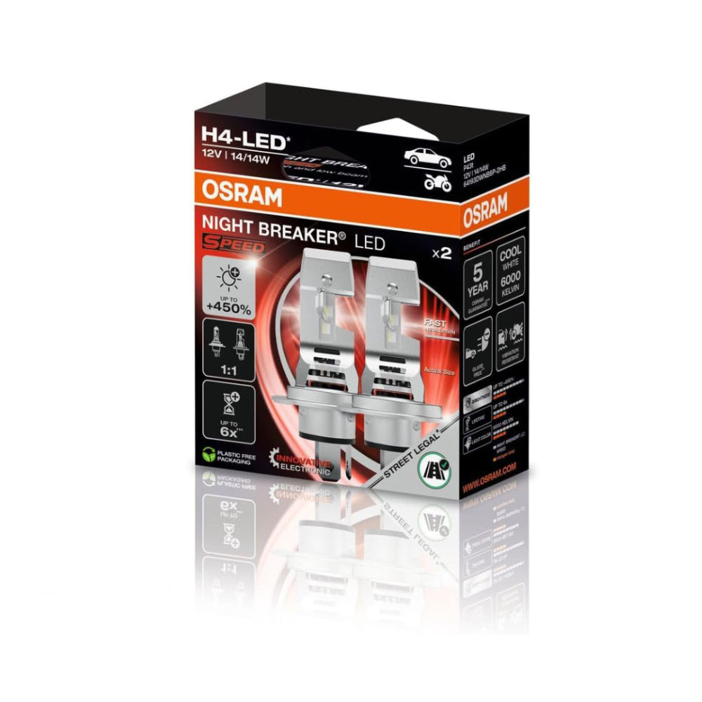 Lampade LED OSRAM Omologate per Auto e Moto H4 Night Breaker Speed +450%