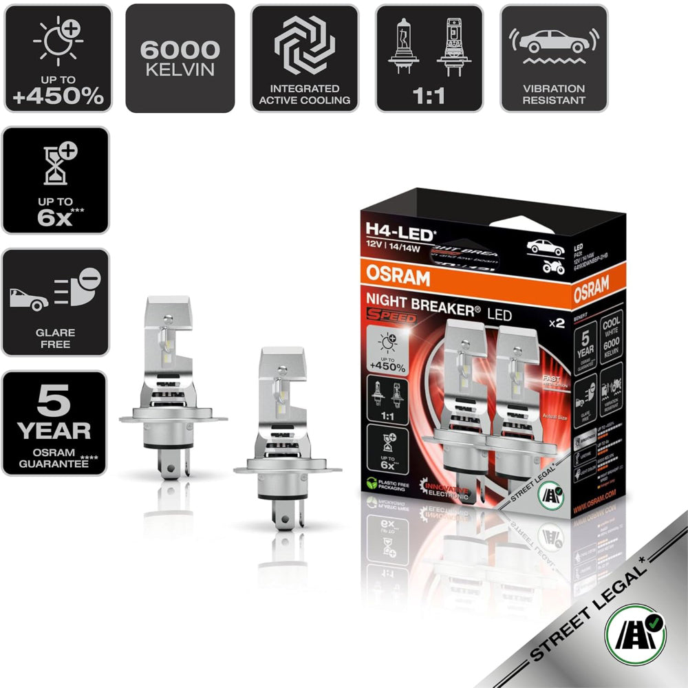 Lampade LED OSRAM Omologate per Auto e Moto H4 Night Breaker Speed +450%