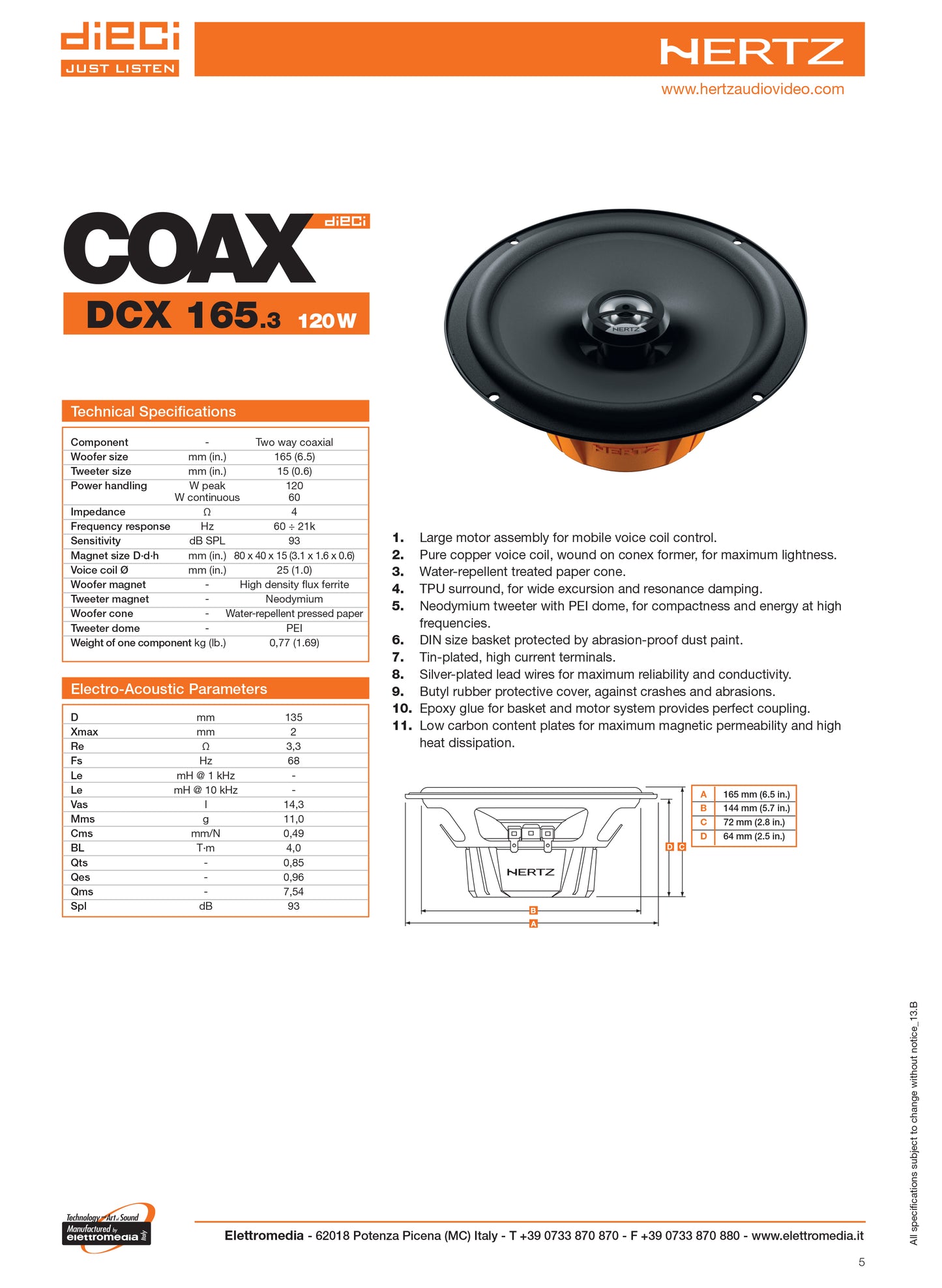 Casse Altoparlanti Hertz DCX 165.3 per Auto 16,5cm 120W Kit 2 Vie Coassiali