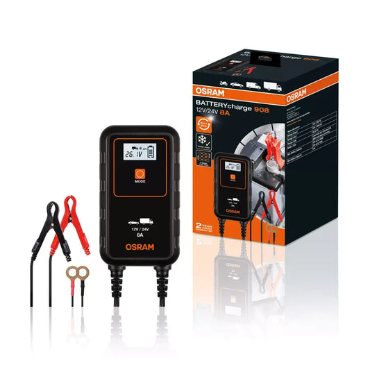 Carica Batteria e Mantenitore per Auto Osram 908 8A con Cavi Portatili 12V 24V