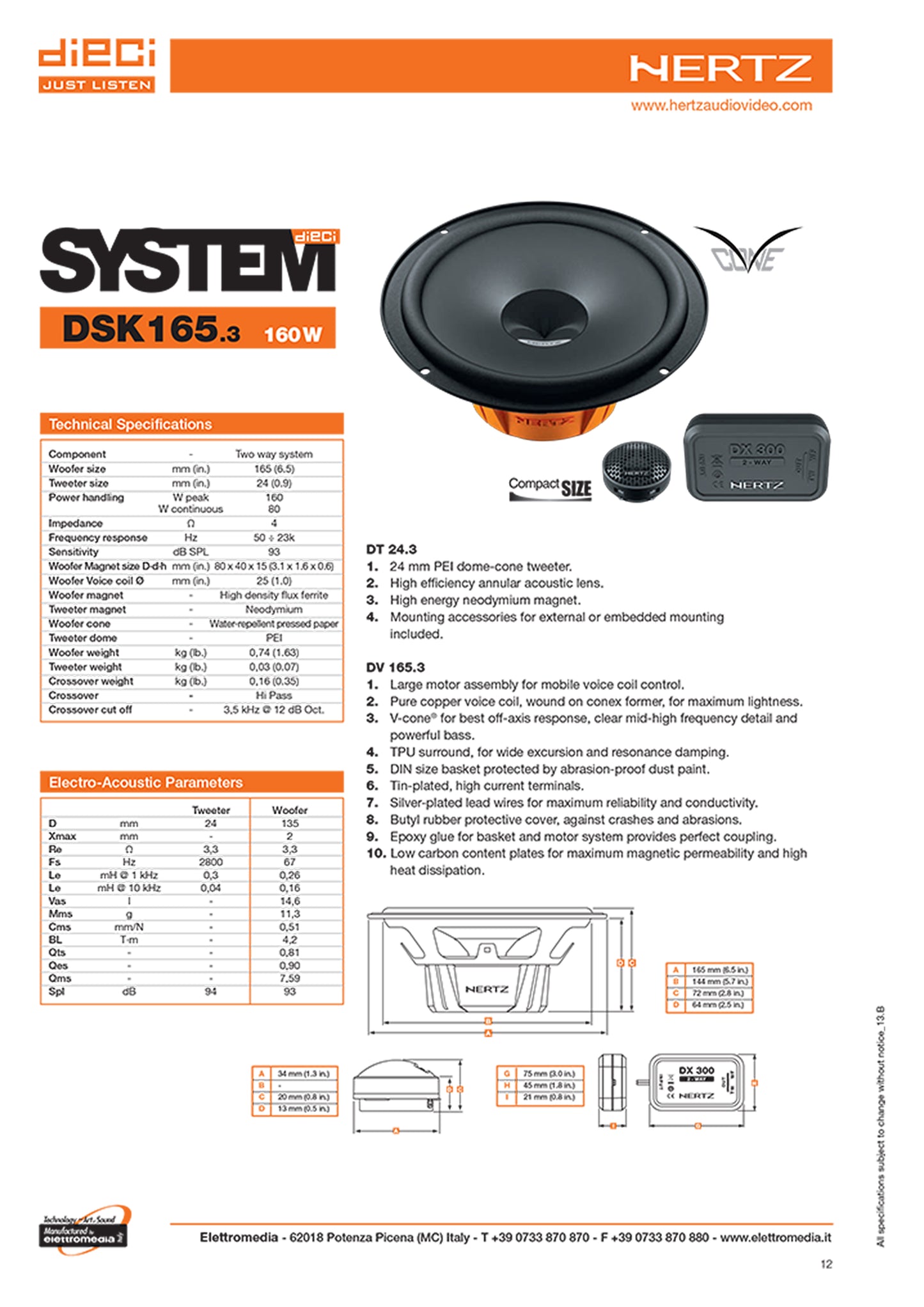 Kit 4 Casse Altoparlanti Hertz DSK 165.3 Anteriori per Opel Astra H dal 2004