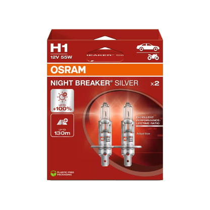 2 Lampade Alogene OSRAM per Auto Moto H1 Night Breaker Silver +100%