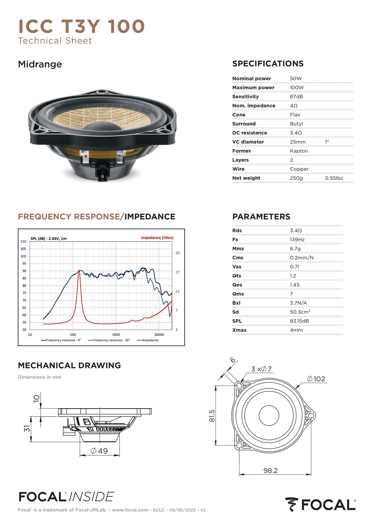 FOCAL INSIDE ICC T3Y 100 Altoparlante Centrale 4'' per Tesla Model 3 / Model Y