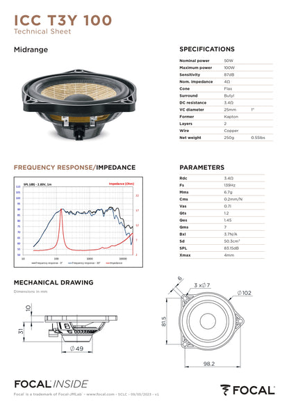 FOCAL INSIDE ICC T3Y 100 Altoparlante Centrale 4'' per Tesla Model 3 / Model Y