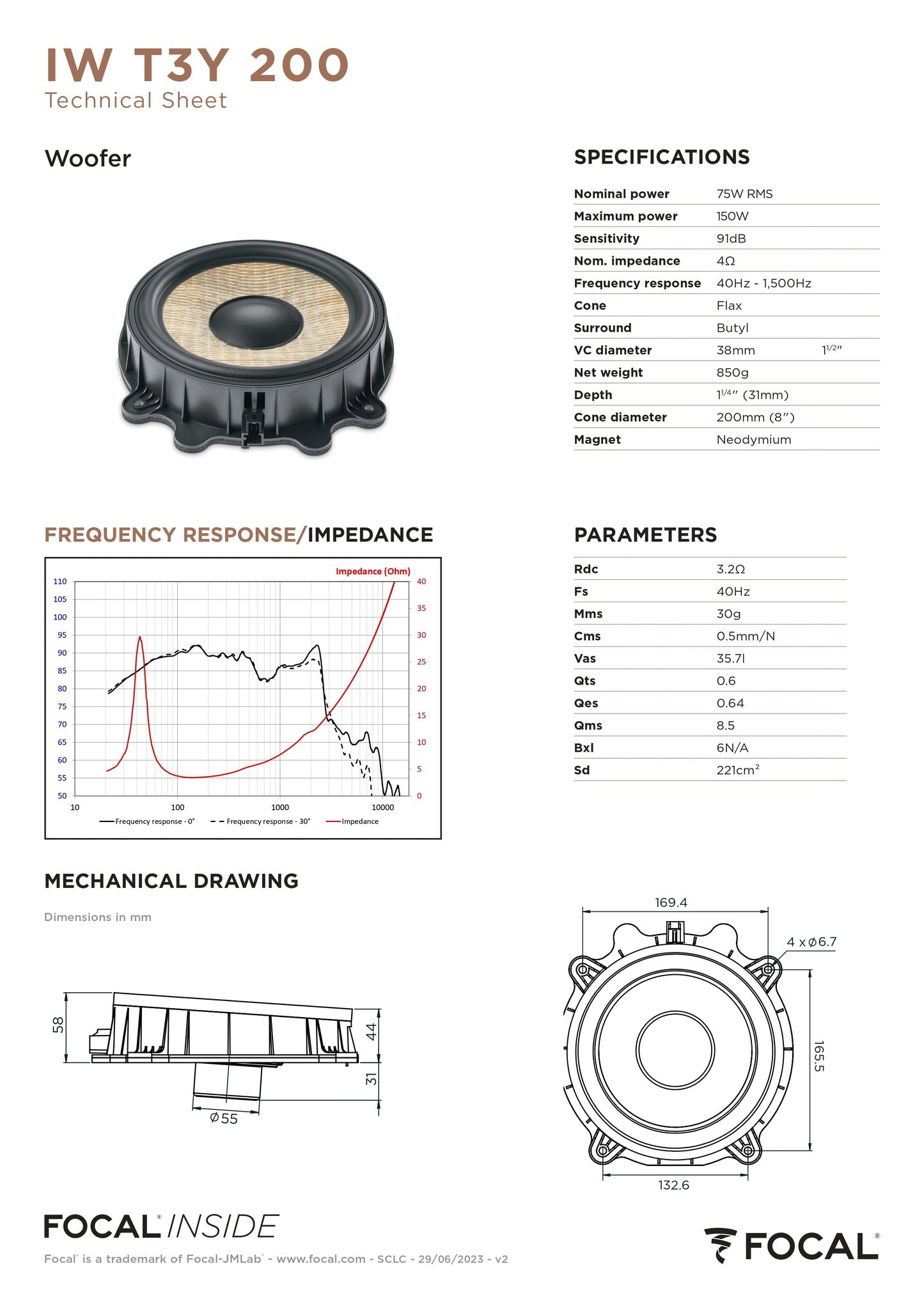 FOCAL IW T3Y 200 Casse Woofer 8'' per Tesla Model 3/Model Y Max Power 150W