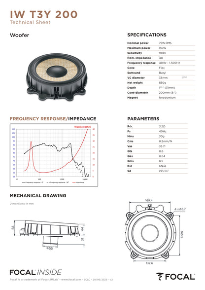 FOCAL IW T3Y 200 Casse Woofer 8'' per Tesla Model 3/Model Y Max Power 150W