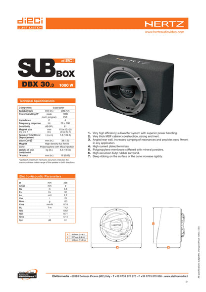 Hertz DBX 30.3 Subwoofer per Auto da 30 Cm 12" 1000W Serie Dieci